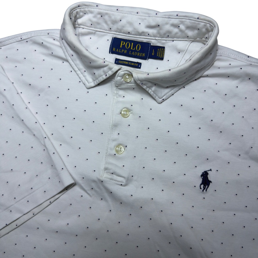 Polo Ralph Lauren Mens Large Custom Slim Fit Polo Shirt White Micro Dot Golf